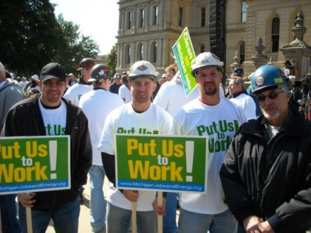 Four Local 169 members rally for construction jobs in Michigan last fall. L. to r., Josh Fuentes, Brandon Vermeesch, Neal Marsh, and Greg Webb.