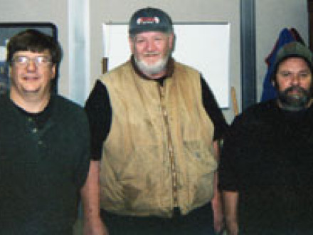 Local 1916 leaders pose at the Union Tools plant. L. to r. are Richard Bernier, president; Don Miles, recording secretary; and Larry Russell, treasurer.