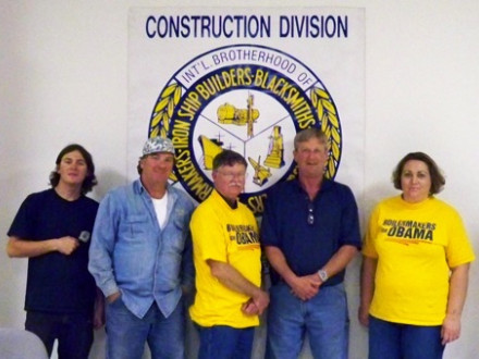 Among the L-199 volunteers who worked tirelessly to help elect pro-worker candidates in 2008 are, l. to r., Shane Ferguson, apprentice; Dale Ferguson, 32-year member; Jerry Rhoden, retired member; David McKendree, trustee; and Erica King, apprentice.