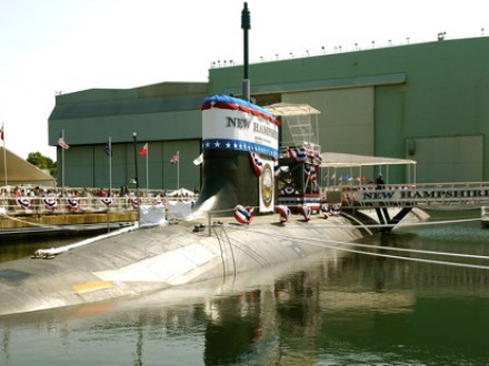 The New Hampshire is moored to the pier at the General Dynamics Electric Boat shipyard before her christening June 21. (U.S. Navy photo by John Narewski, courtesy of navy.mil.)