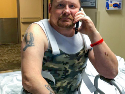 Scott Tansey, L-667 (Charleston, West Virginia), waiting for his discharge from the hospital after suffering life-threatening spinal cord injuries in an automobile accident.