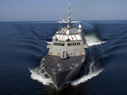 The first U.S. Navy littoral combat ship, USS Freedom (LCS 1) conducts a speed run during builders’ trials. The ship is designed for littoral, or close-to-shore, operations and to provide access and dominance in coastal-water areas. Photo courtesy of Lockheed Martin.