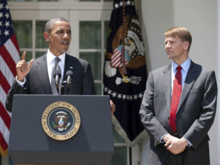 PRESIDENT BARACK OBAMA announces the nomination of former ohio attorney general richard Cordray, right, as the first director of the Consumer Financial Protection Bureau. <em>Official White House Photo</em>