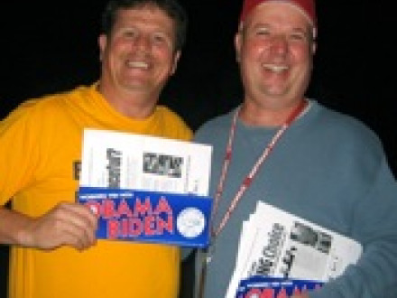 Local 19 (Philadelphia) VP Fred Chamberlain, l., and Philadelphia Metal Trades Council President Gary Gaydosh distribute worksite leaflets supporting Barack Obama. Photo courtesy Molly Theobald