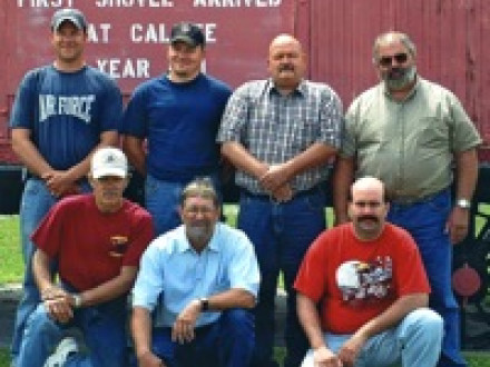 Negotiating a four-year agreement for L-D500 members at Carmeuse Lime & Stone are, l. to r., front row, John Wirgow, Gary Luetzow, Jeff Hoedel; back row, Anthony Lafleche, Roger Nash, IR Mark Kelly, and Jeff Karsten.