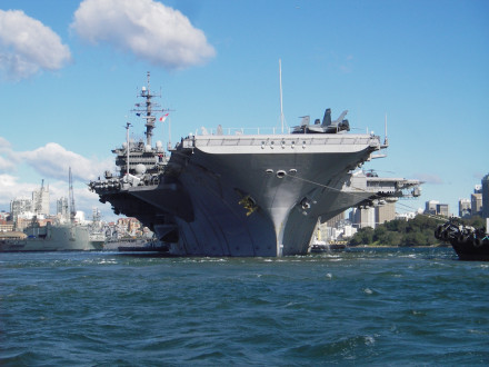 The U.S.S. KITTY HAWK is first aircraft carrier in the U. S. Navy armed with guided missiles. The 60,000-ton carrier was built by Boilermakers and other union trades.