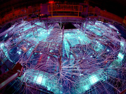Arcs and sparks fly on the Z Machine, the world's most powerful electrical device, following its refurbishment by members of the NTL and Local 4.  Photo courtesy Sandia National Laboratories
