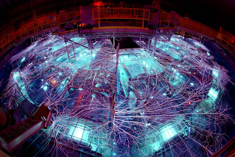 Arcs and sparks fly on the Z Machine, the world's most powerful electrical device, following its refurbishment by members of the NTL and Local 4. Photo courtesy Sandia National Laboratories